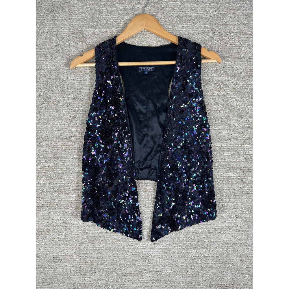 Gryphon New York Sequin Vest Black Iridescent Racerback Open Front XS RN121312